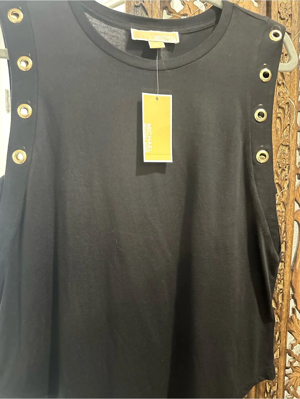 Michael Kors Black Sleeveless Tank with Gold Eyelet Detail